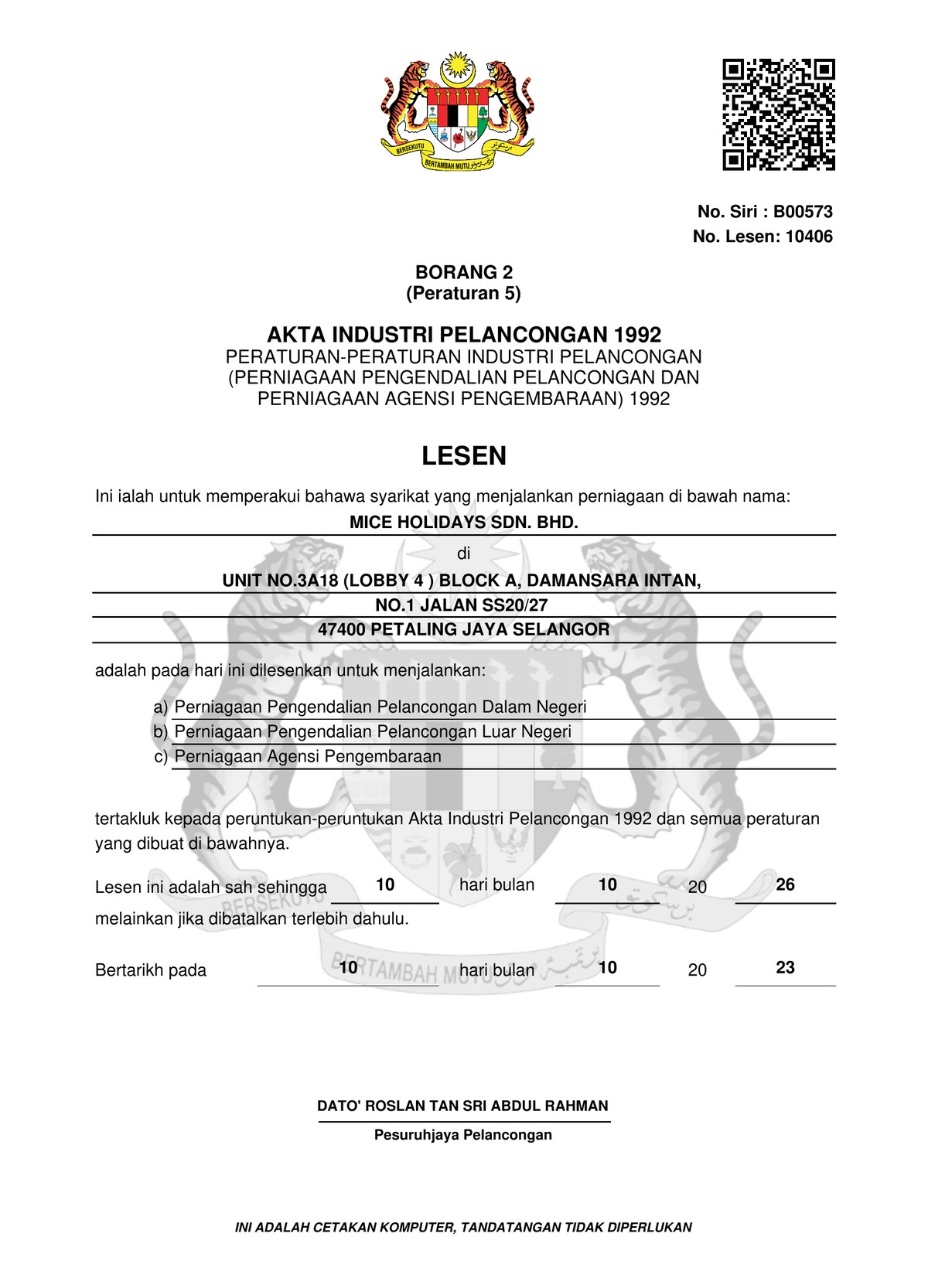 MICE Holidays MOTAC License